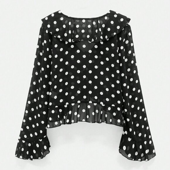 Black Women's Polka Dot Print Design Front Bow Tie Ruffle details blouse - Picture 8 of 11